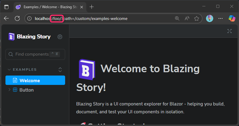 The Blazor Server app running on the subpath URL, "/foo"